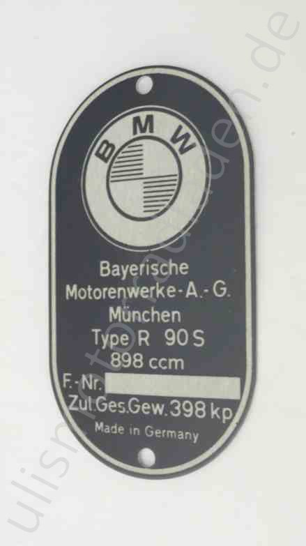 Typenschild für BMW R90S, bis Baujahr 09/1975, am Rahmen, oval