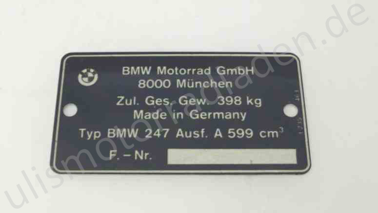 Typenschild für BMW R60/7 und R60TIC, 599cm³