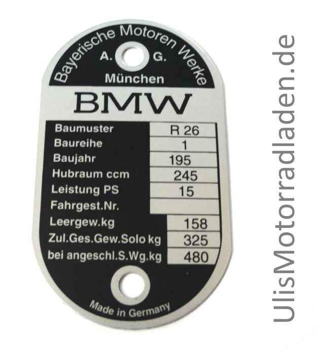 Typenschild für BMW R26, am Lenkkopf