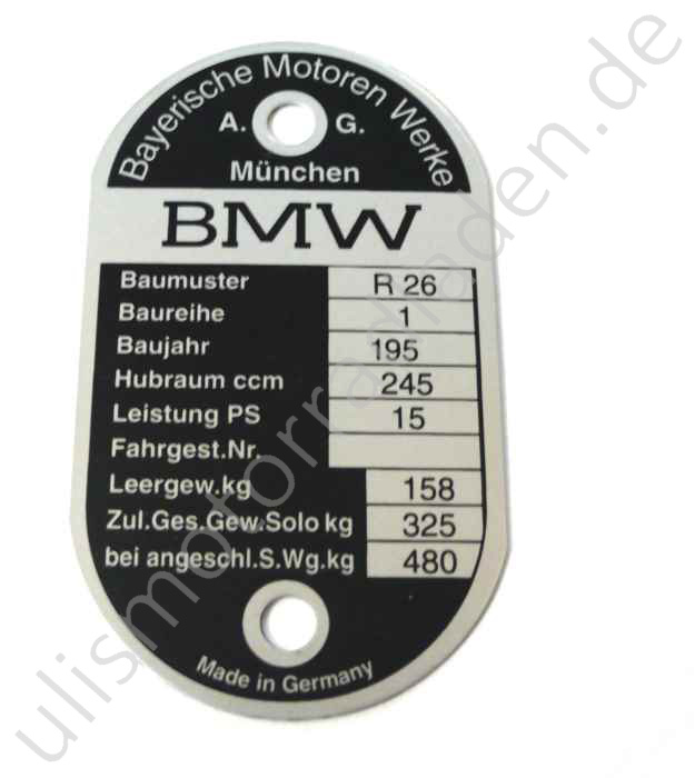 Typenschild für BMW R26, am Lenkkopf