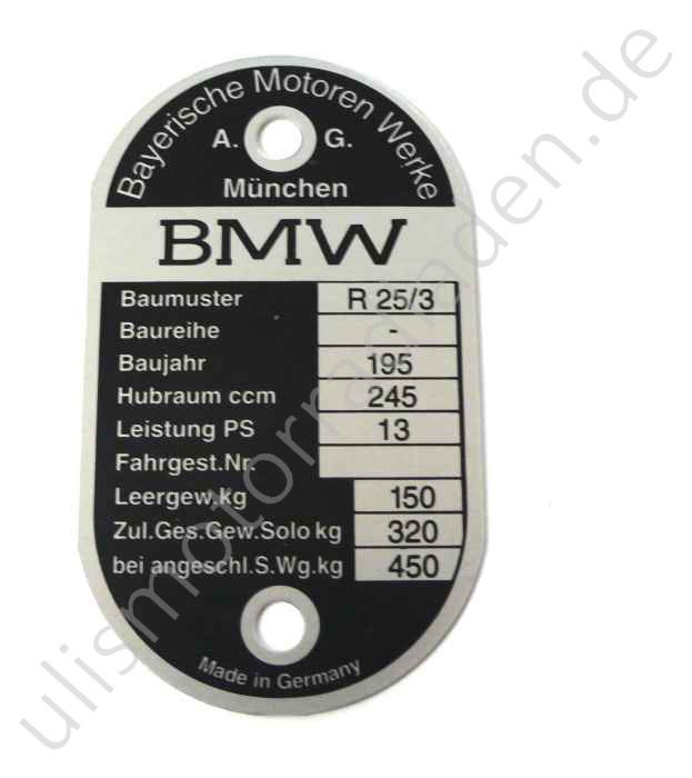 Typenschild für BMW R25/3, am Lenkkopf