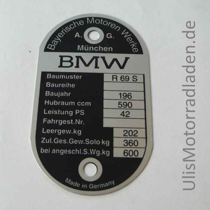 Typenschild für BMW R69S, am Lenkkopf