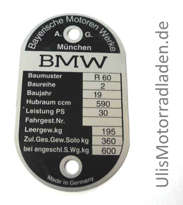 Typenschild für BMW R60/2, am Lenkkopf