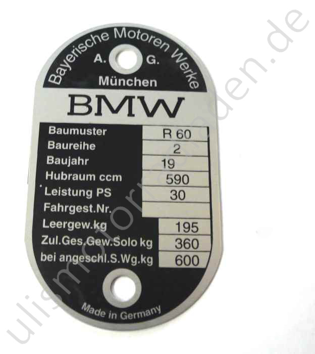 Typenschild für BMW R60/2, am Lenkkopf