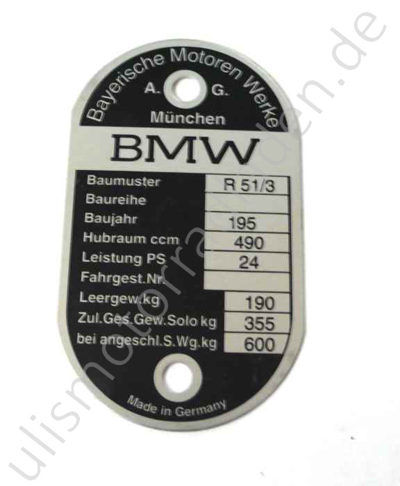Typenschild für BMW R51/3, am Lenkkopf