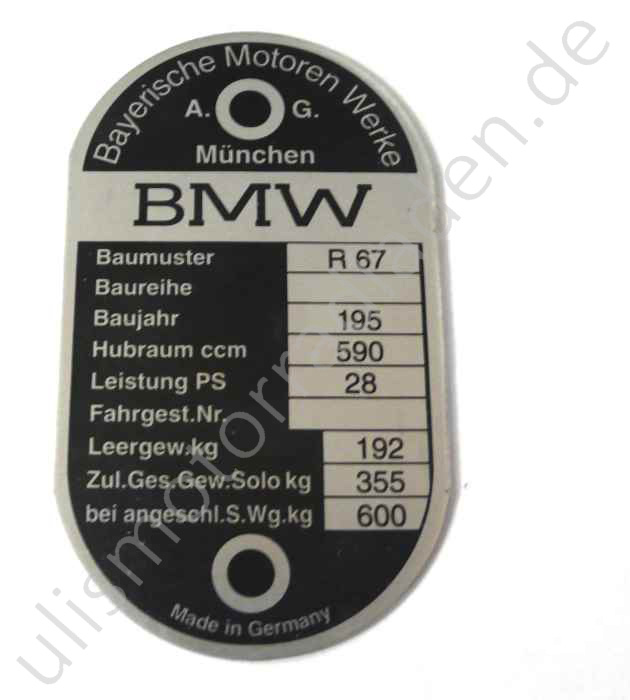 Typenschild für BMW R67, R67/2 und R67/3, am Lenkkopf