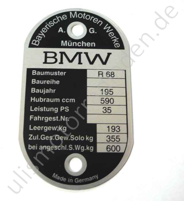 Typenschild für BMW R68, am Lenkkopf