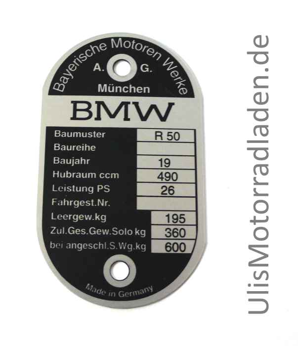 Typenschild für BMW R50, am Lenkkopf