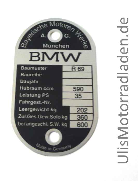 Typenschild für BMW R69, am Lenkkopf