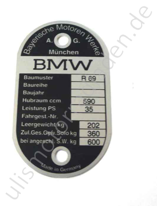 Typenschild für BMW R69, am Lenkkopf