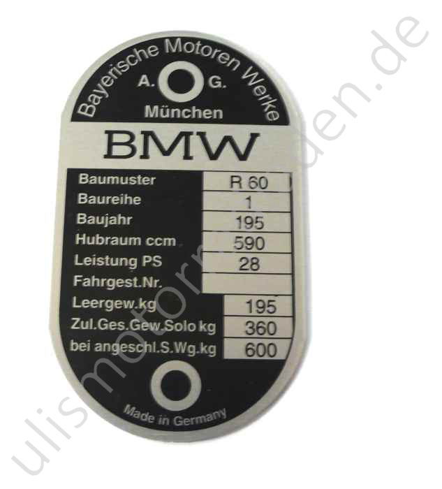 Typenschild für BMW R60, am Lenkkopf